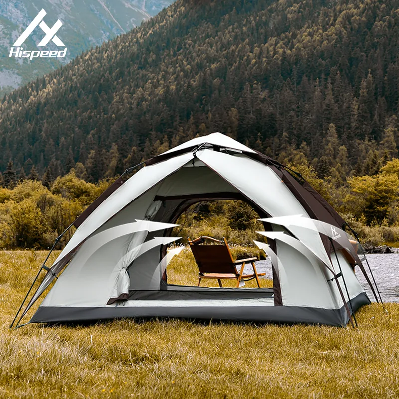 3-4 Person Automatic Dome Tent with its front sun canopy extended as a shade shelter