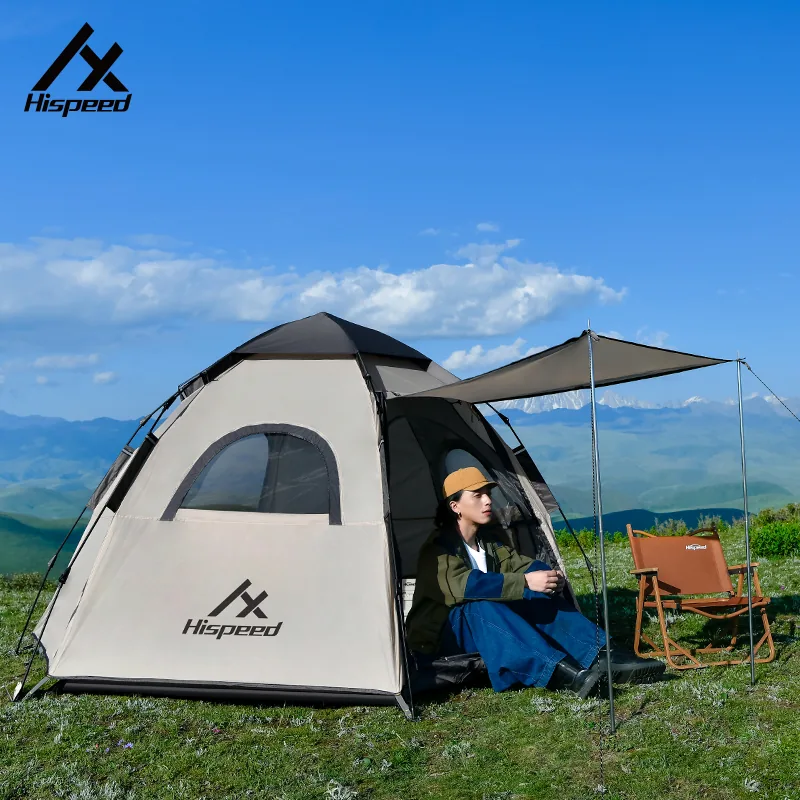 4-6 Person Double-Layer Hexagon Tent pitched with its sun awning at a mountain campsite
