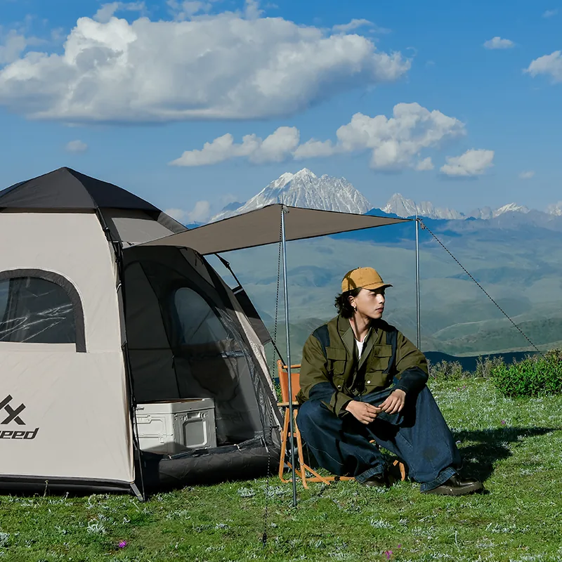 4-6 Person Double-Layer Hexagon Tent set up on grass with the porch open