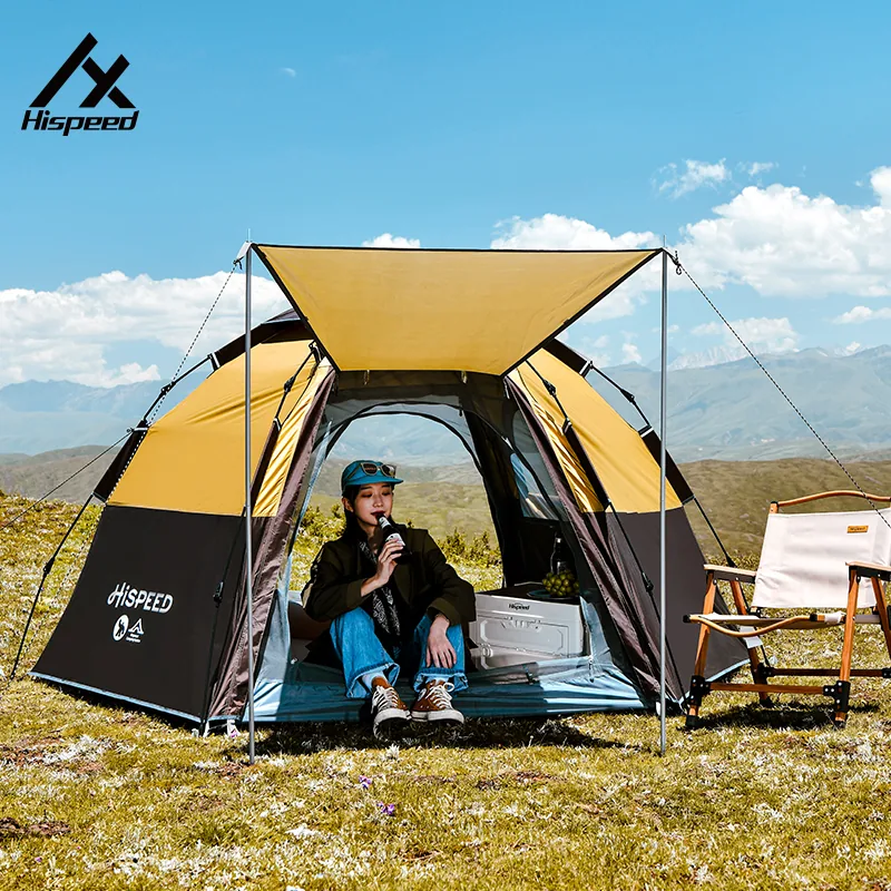 4-6 Person Heavy-Duty Hexagon Tent pitched with its sun awning under a blue sky