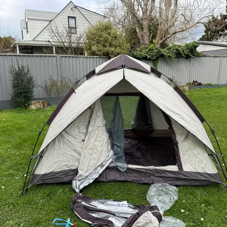 Quick-Pitch Dome Tent set up in an Auckland backyard